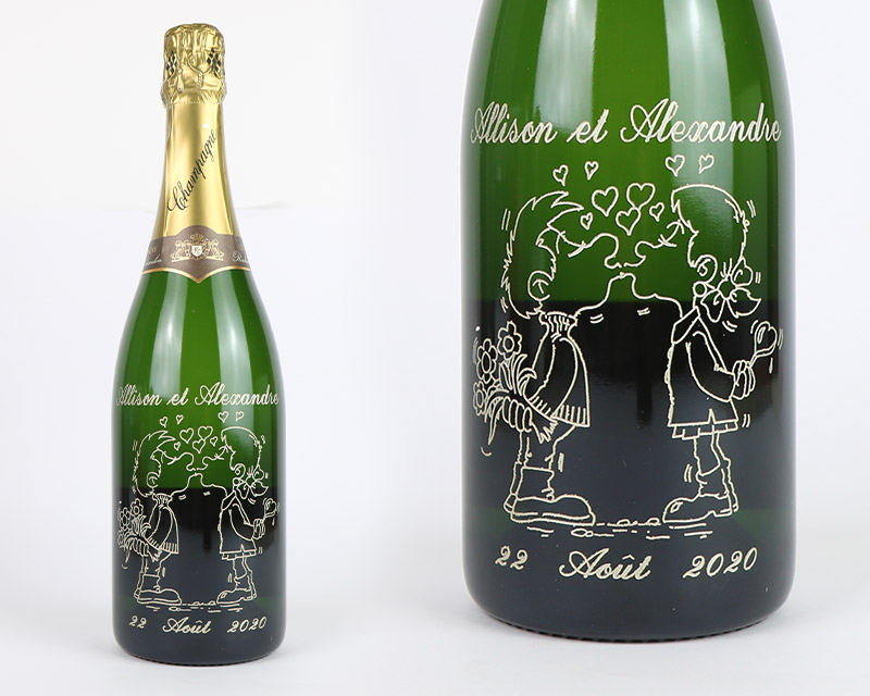 Bouteille de champagne personnalisée gravée - Avec flûtes à champagne