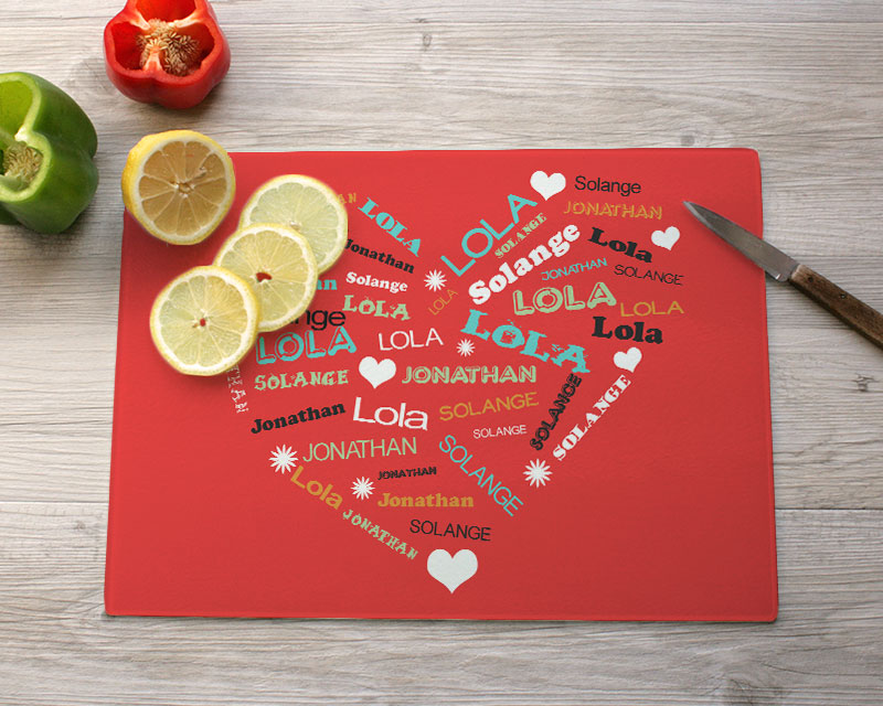 Planche à découper en verre personnalisée - Coeur Famille