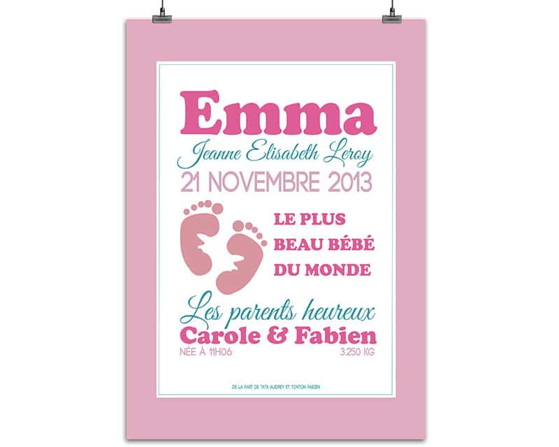 Affiche naissance personnalisée fille - Rose