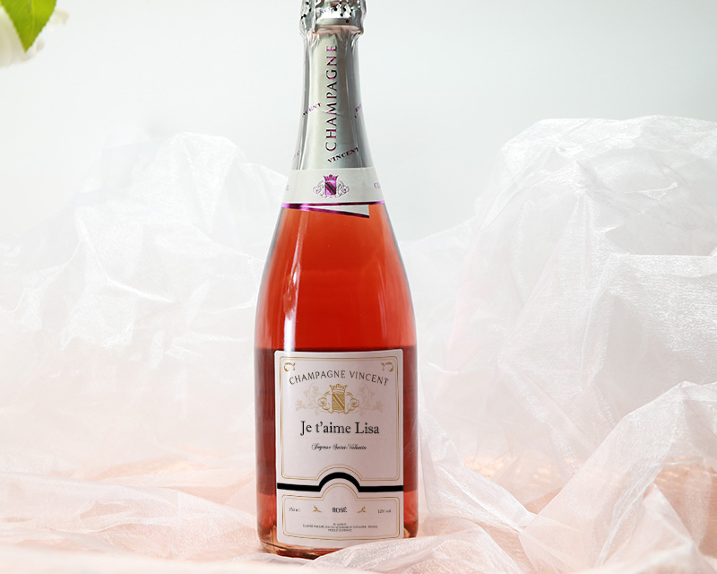 Bouteille de champagne rosé personnalisée couple - Avec ballon cœur hélium