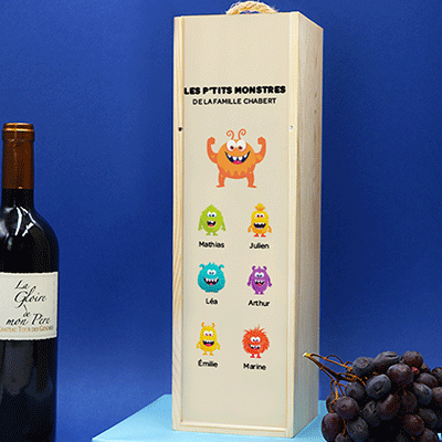 Bouteille et caisse à vin personnalisée - Famille Monstres