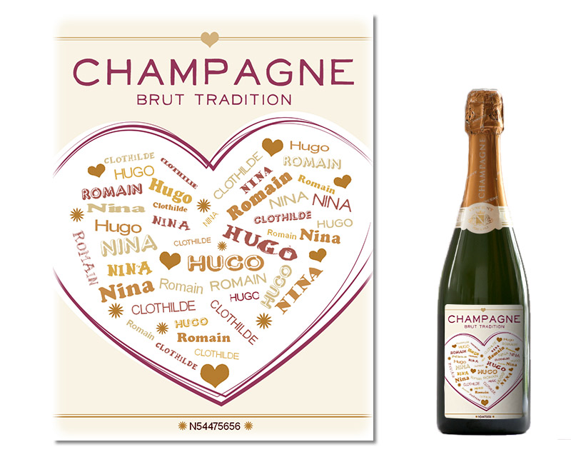 Bouteille de champagne personnalisée prénoms - Coeur Famille