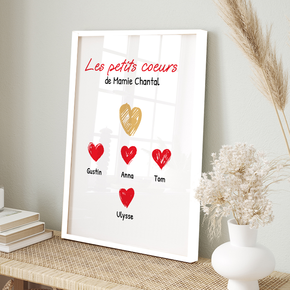 Idée cadeau Fête des mamies : détail du poster 'Mamie et ses petits cœurs' avec prénoms personnalisés, impression de haute qualité.