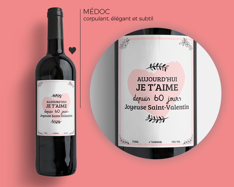 Bouteille de vin Médoc étiquette Je t'aime personnalisable