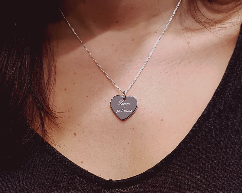 Collier Coeur gravé Message d'amour en argent véritable