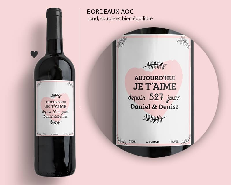 Bouteille de vin Bordeaux AOC étiquette Saint-Valentin personnalisable