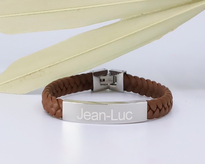 Bracelet gravé Homme en Acier et Cuir Tressé