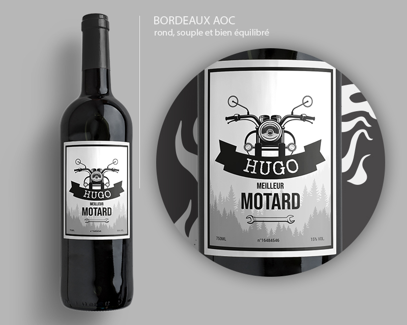 Bouteille de vin de Bordeaux personnalisée Hugo Meilleur Motard