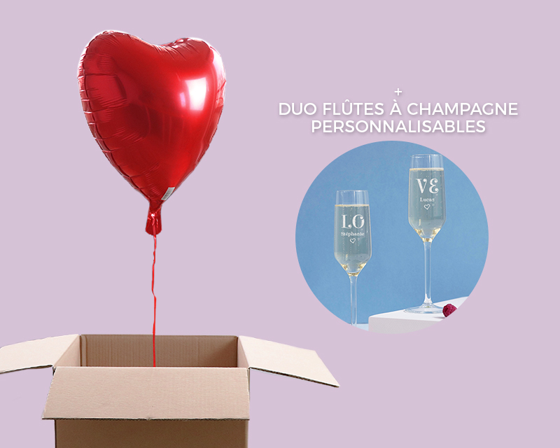 DUO Ballon cœur hélium et 2 Flûtes à Champagne Personnalisables - LOVE