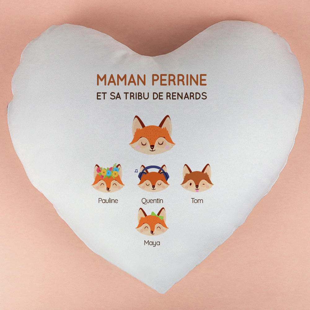 Coussin personnalisé coeur - Maman Renard et sa meute