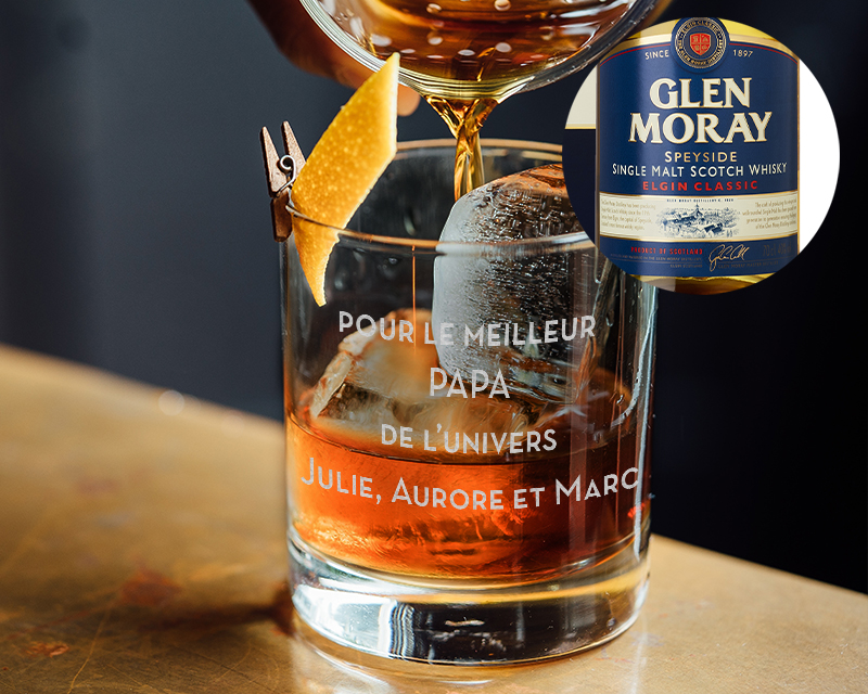 Bouteille de whisky Glen Moray - Avec un verre personnalisé