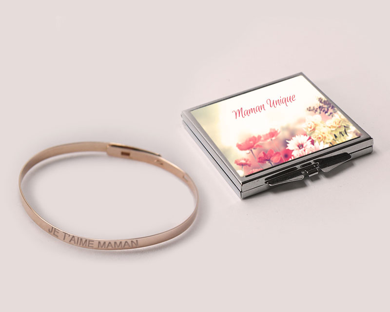 Bracelet Jonc gravé Je t'aime maman Argent rosé et son miroir personnalisable